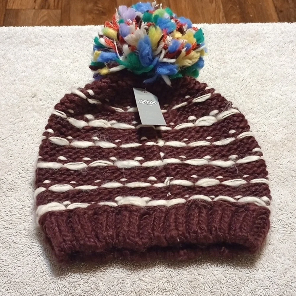 Aerie Kids' Brown and White Striped Beanie with Colorful Pom-Pom